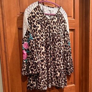 Umgee Leopard Print Blouse with Floral Embroidery